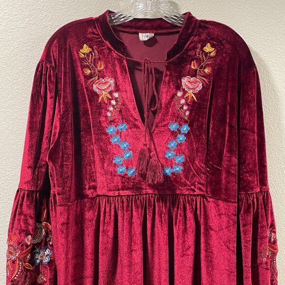 (NEW) ASA FASHION Velvet Embroidered Lantern Sleeve Boho Mini, Deep Red - XXL - Picture 3 of 11